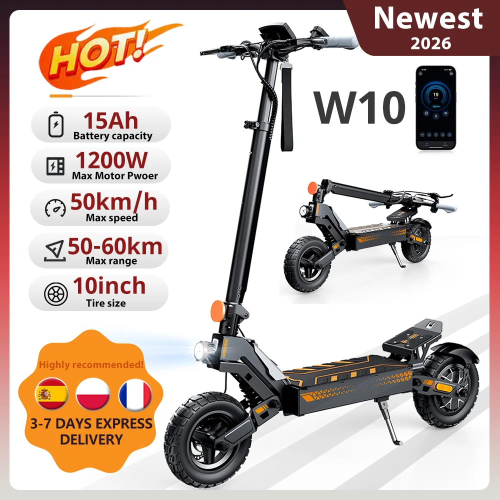 Trottinette électrique W10 E, 10 pouces, 1200W de puissance maximale, 48V13.5Ah, autonomie de 55 km, vitesse de 45 km/h, pneus tout-terrain, frein à disque double, avec application, trottinettes
