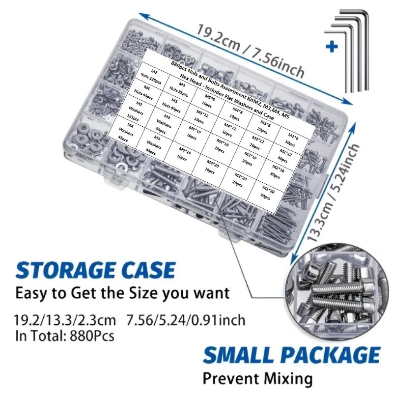 880PCS Bolt and Nut Set M2, M3, M4, M5 with Washers, Hex Wrenches, Easy to Install and Repair Tools