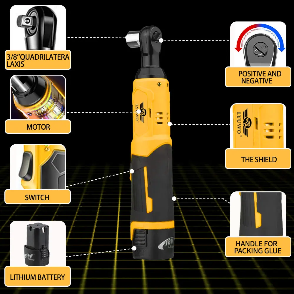 LYUWO 18V 90 gradi ricaricabile ad angolo retto, kit a cricchetto, trapano angolare, rimozione dadi cacciavite, strumento di riparazione auto, set di utensili elettrici