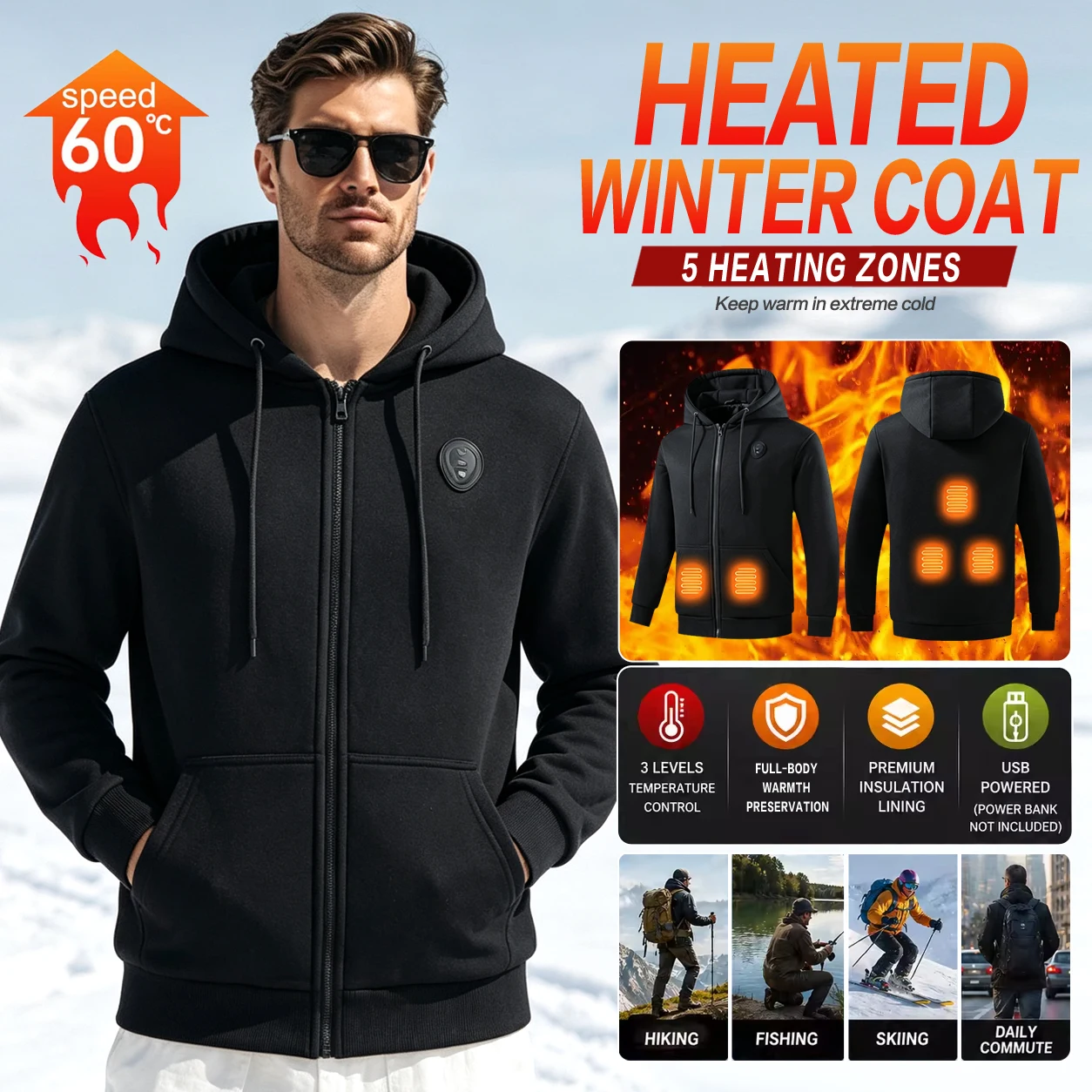 Unisex Heated Hoodie 5 Heating Zones USB Electric Heating Zip Up Hooded Sweatshirt 3 Temperature Control Windproof Thermal Winte