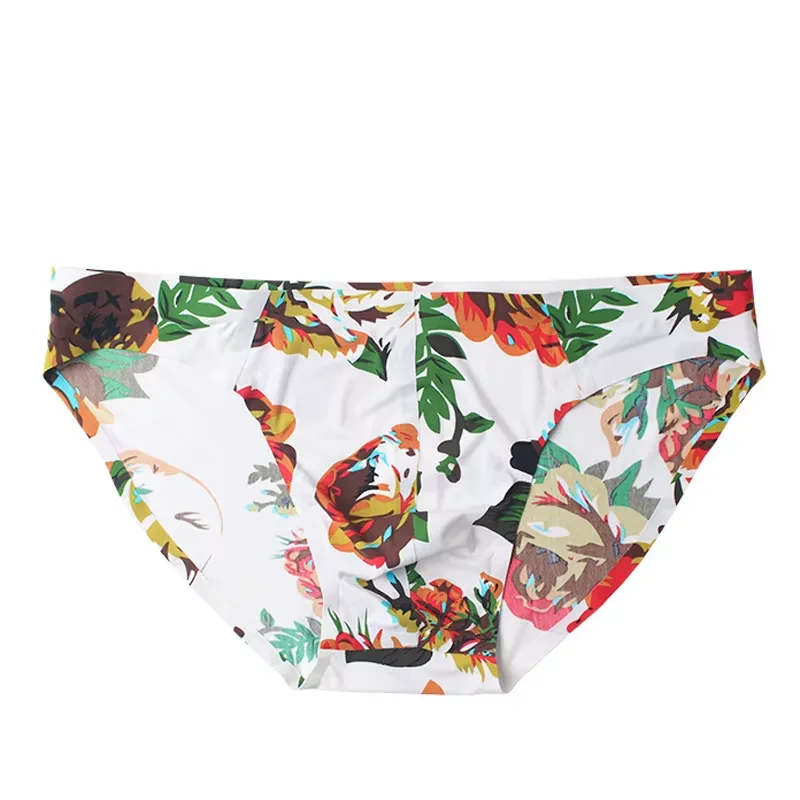 

Мужские бесшовные трусы из ледяного шелка с цветочным принтом, цельные, с низкой посадкой, сексуальное летнее нижнее белье для молодежи, модные трусы с U-образным выпуклым карманом