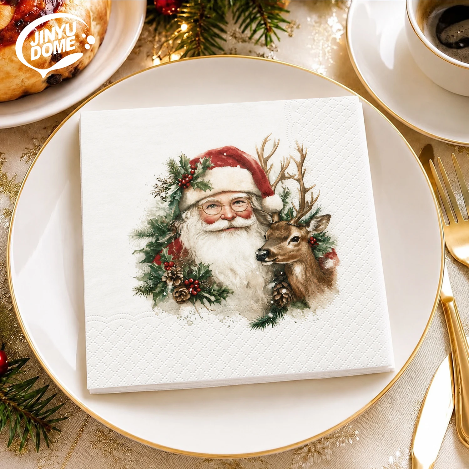 JINYUDOME Merry Christmas Disposable Paper Napkins Gold Text Winter Pine Berry Print for Holiday Dinner Party Cocktail Napkin
