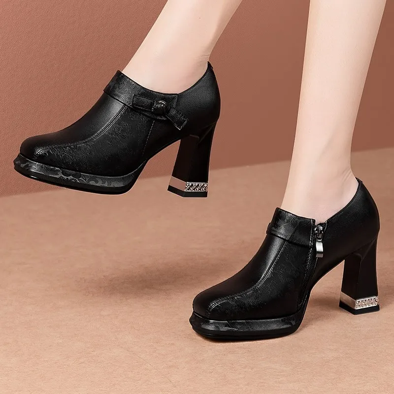 Spring and Autumn New Black Round Head Thick High Heel Single Shoes Female Side Zip Casual Platform Pumps Women's Shoes
