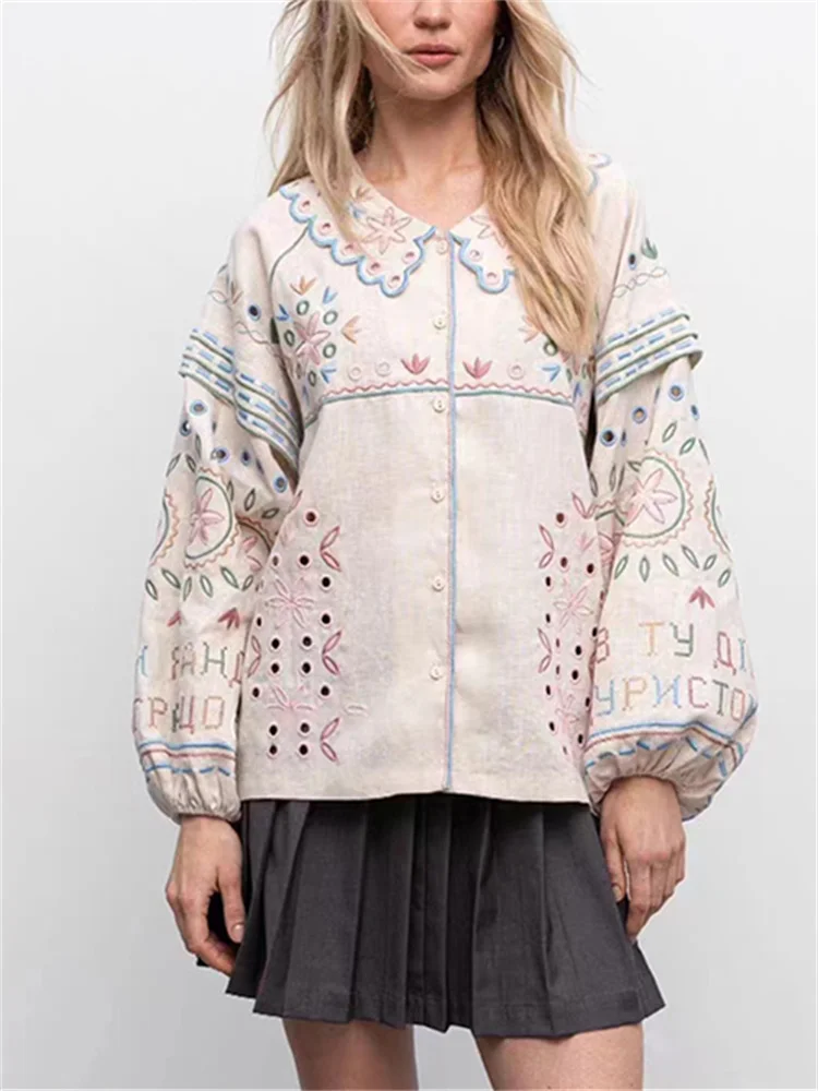 Ladies Single Breasted Puff Sleeve Sweet Shirt Spring 2024 New Women Peter Pan Collar Colorful Embroidery Blouse