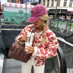 Long Sleeve Printed Reversible Short Jackets Women Zipper Baseball Parkas Coat 2023 Autumn Winter Fashion Warm Cotton Tops