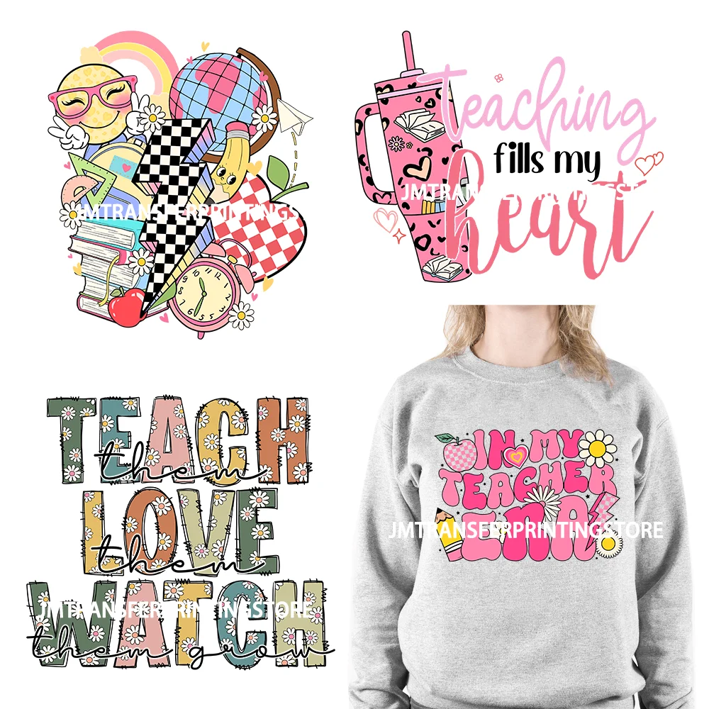 In My Teacher Era Teach Love Watch Logos Teacher Word Teaching Fills My Heart Teacher\'s Day DTF Transfer Stickers For Hoodies