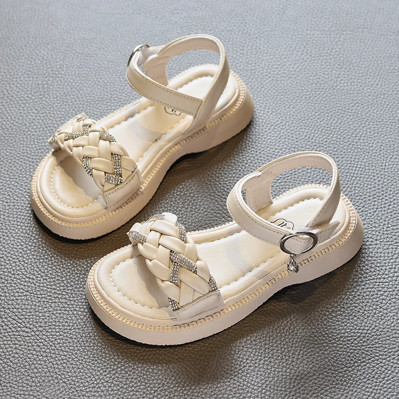 Summer Soft Soled Peep-toe Children's Sandals 2023 Fashion Rhinestone Weave Girls Sandals Baby Sports Outdoor Kids Beach Shoes