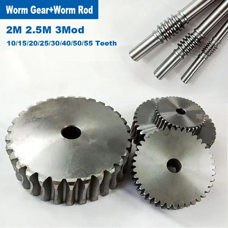 1Set 2/2.5/3Mod 45#steel Worm Gear+Worm Rod 10/15/20/25/30/40/50/55 Teeth Gearbox Worm Gear Wear-Resistant Smooth Transmission