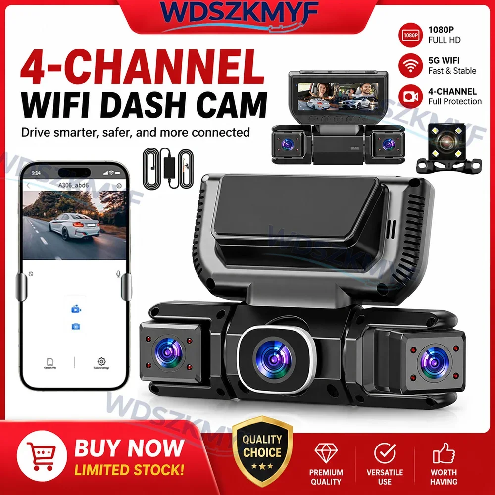 4Camera Dash Cam With Front Left Right Rear View camera 360 Degrees WIFI 1080P Video Recorder Car DVR 4 Way add 24H Hardware Kit