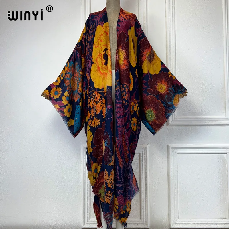 Winyi Africa Mode Zomer Kimono Maxi Jurk Strand Cover Cardigan Boho Sexy Jas Boho Print Kaftan Strand Outfits Vrouwen