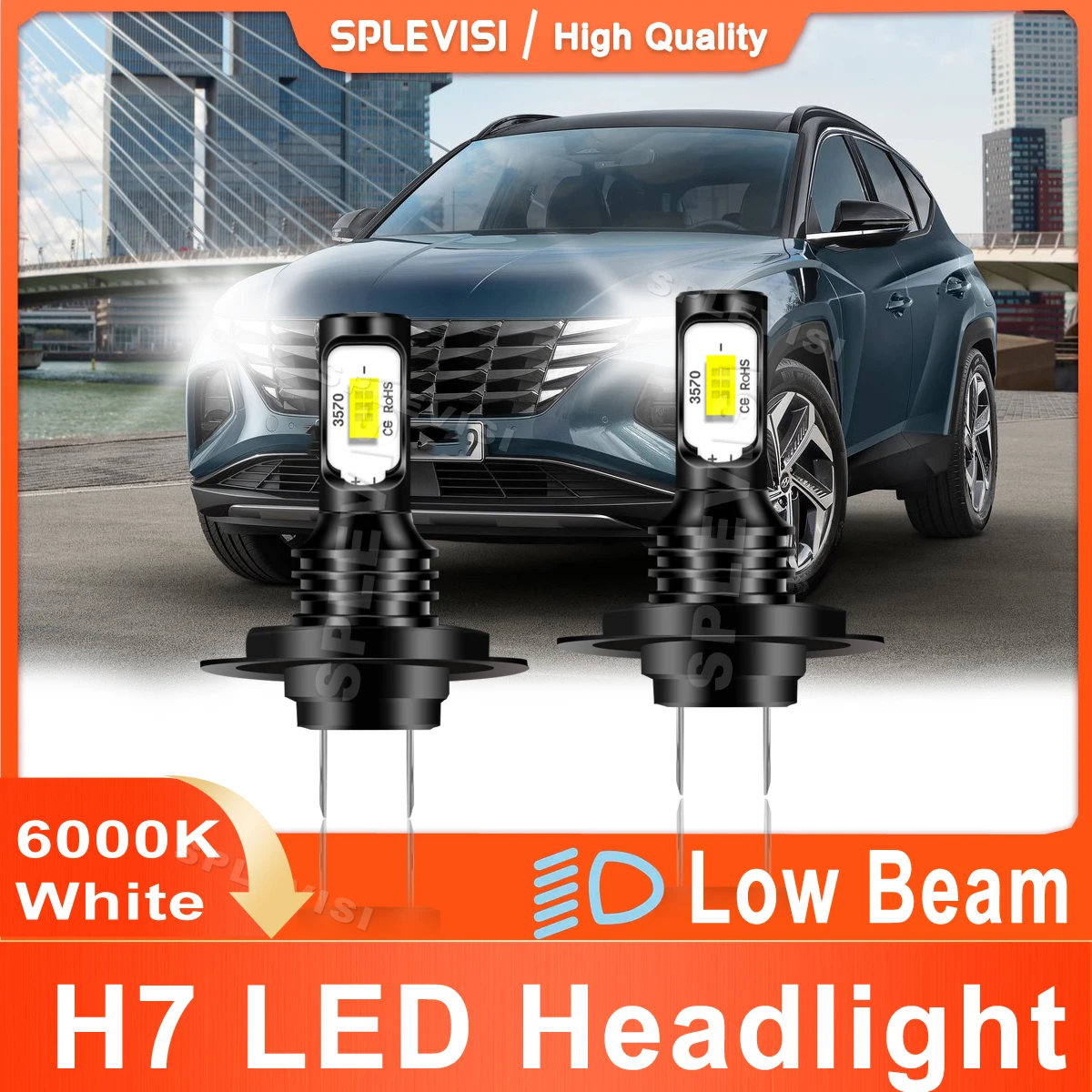 2x H7 LED Headlight Low Beam 70W 8000LM Pure White Compatible For Hyundai Tucson TL 2015 2016 2017 2018 2019 2020 2021 Car Light