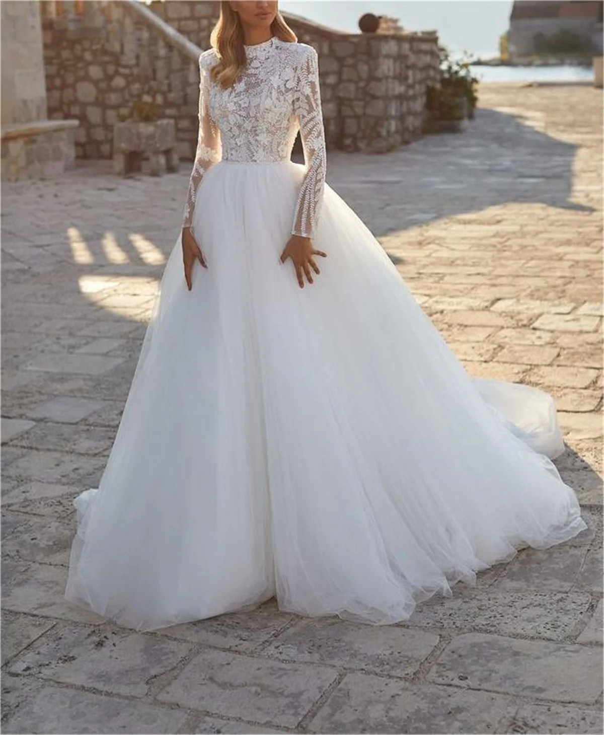 

Classic White Cathedral Trail Wedding Dress For Women Elegant Lace High Neck Long Sleeve Tulle Sheer Bridal Dress 2024 Custom