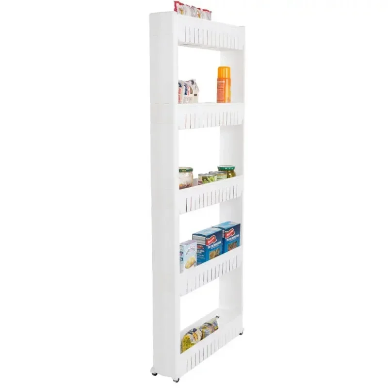 

Slide-Out Pantry Storage Rack - 5-Tier White Plastic Pantry Organization and Storage Rolling Cart With Baskets for Narrow Spaces