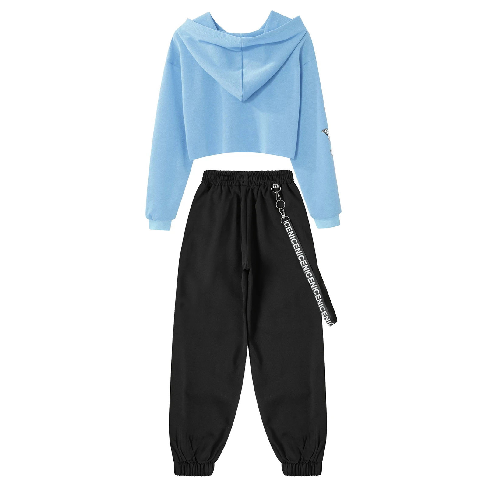 Kids Girls Long Sleeve Street Dance Outfit Hooded Butterfly Print Cropped Sweatshirt Tops with Chain Pocket Sweatpants Dancewear