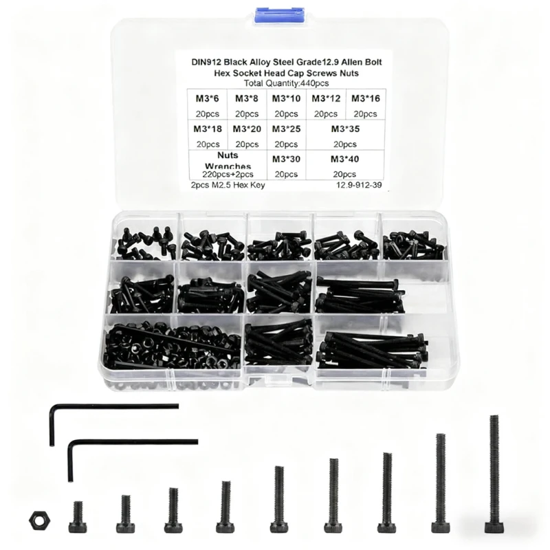 440Pcs M3 screw set M3*6/8/10/12/16/18/20/25-40 hexagon Hex Socket Head cap Screw 12.9 Grade Nut Assortment Kit  for fpv drones