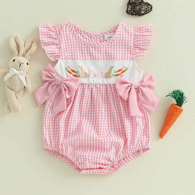 

Newborn Kids Baby Girls Easter Casual Romper Flying Sleeve O Neck Bunny Carrot Embroidery Plaid Romper Toddler Jumpsuit