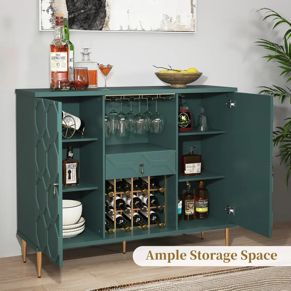 

Modern Bar Cabinet with Drawer, Liquor Cabinet with Wine Glass Racks and Shelves, Geometric Door Buffet Sideboard, Customized