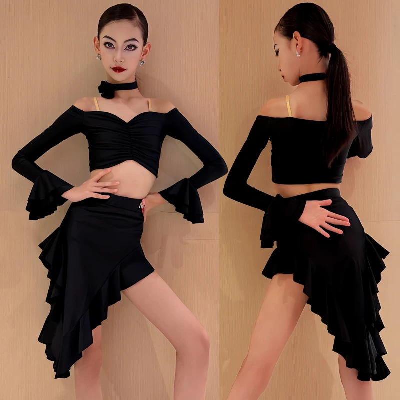 2025 Latin dansset kostuum voor meisjes zwarte jurk kinderen Samba Rumba New Union competitie prestaties Latin kostuum