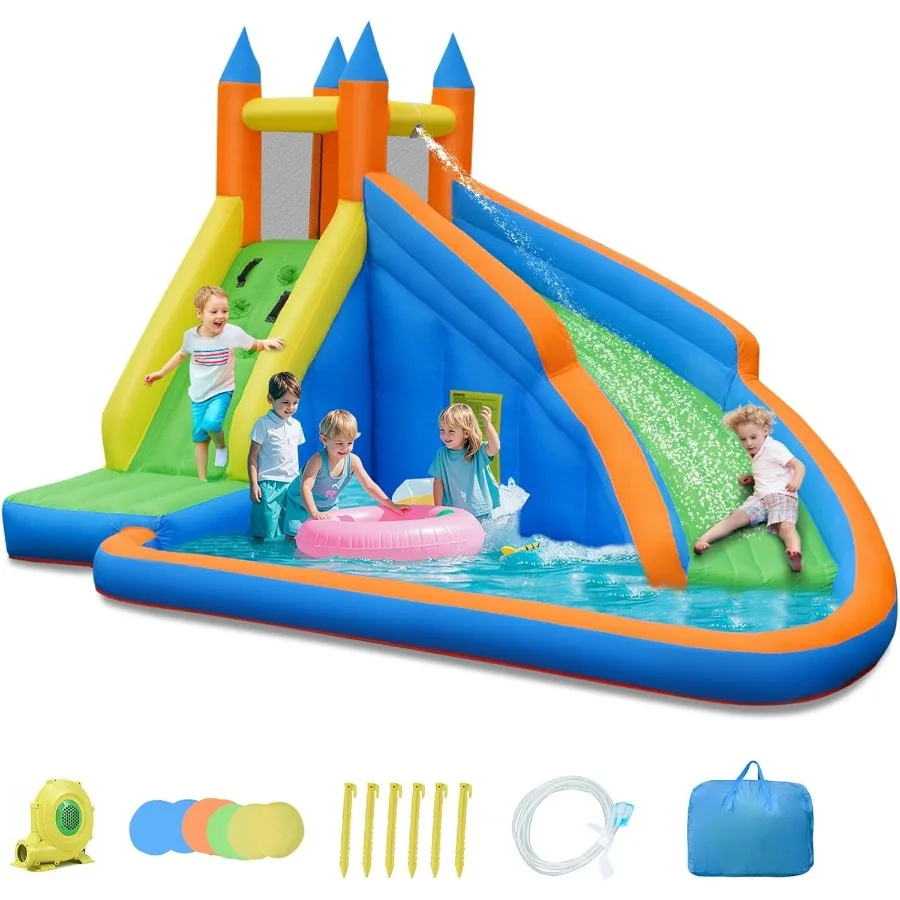 Inflatable Water Slide, Kids Bounce House with Slide Climbing Wall Splash Pool, Outdoor Jumping Castle Inflatable Obstacle Cour