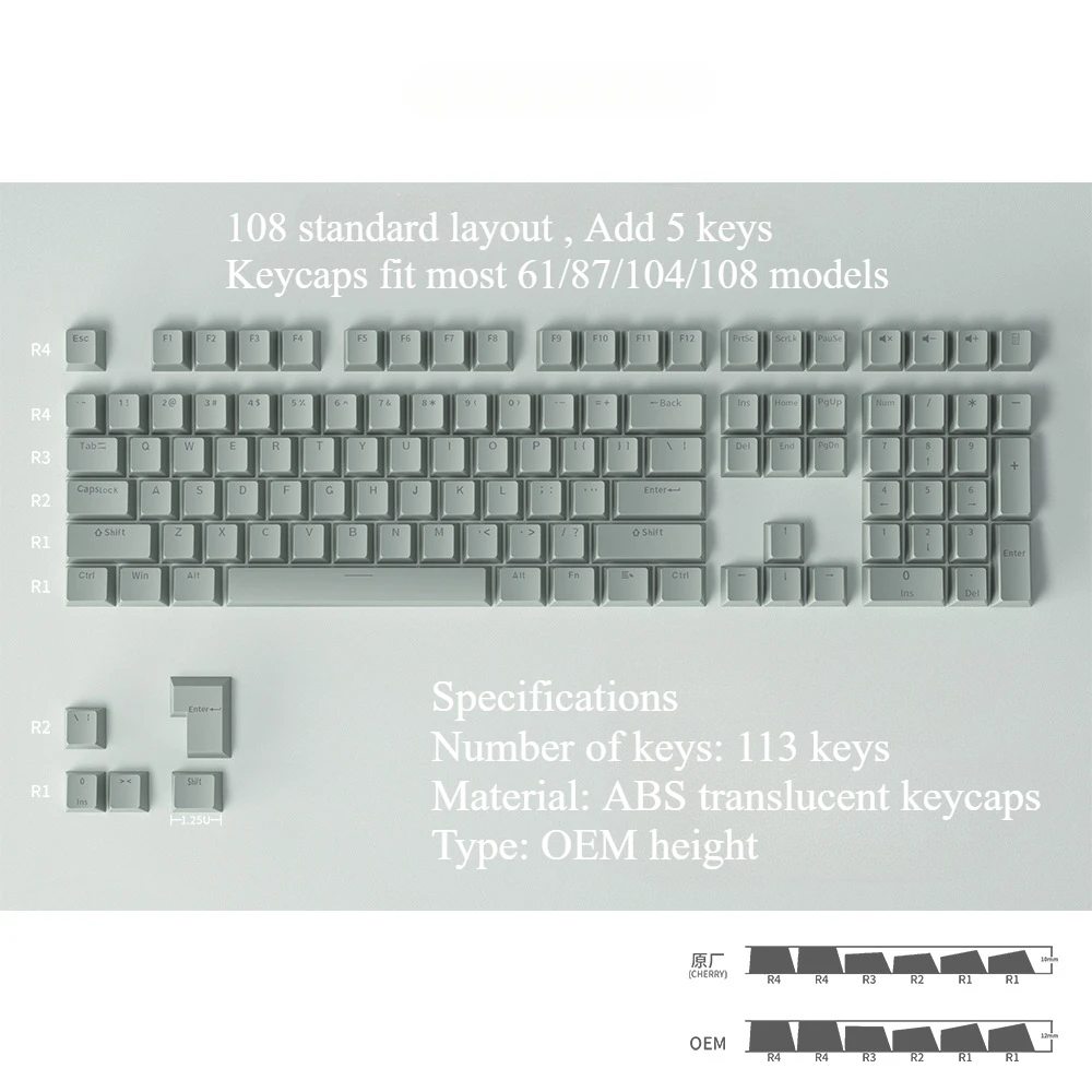 Keyboard Keycaps 113 Keys Caps ABS Translucent OEM Profile Keycap Keyboard Accessories for Office Home