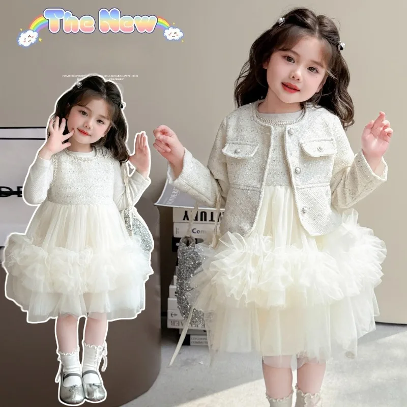 Children Sweet Clothing Set Fashion Children Beading Coat+ Tutu Dress Vintage Princess Outfits Suit Autumn Spring 2025 New