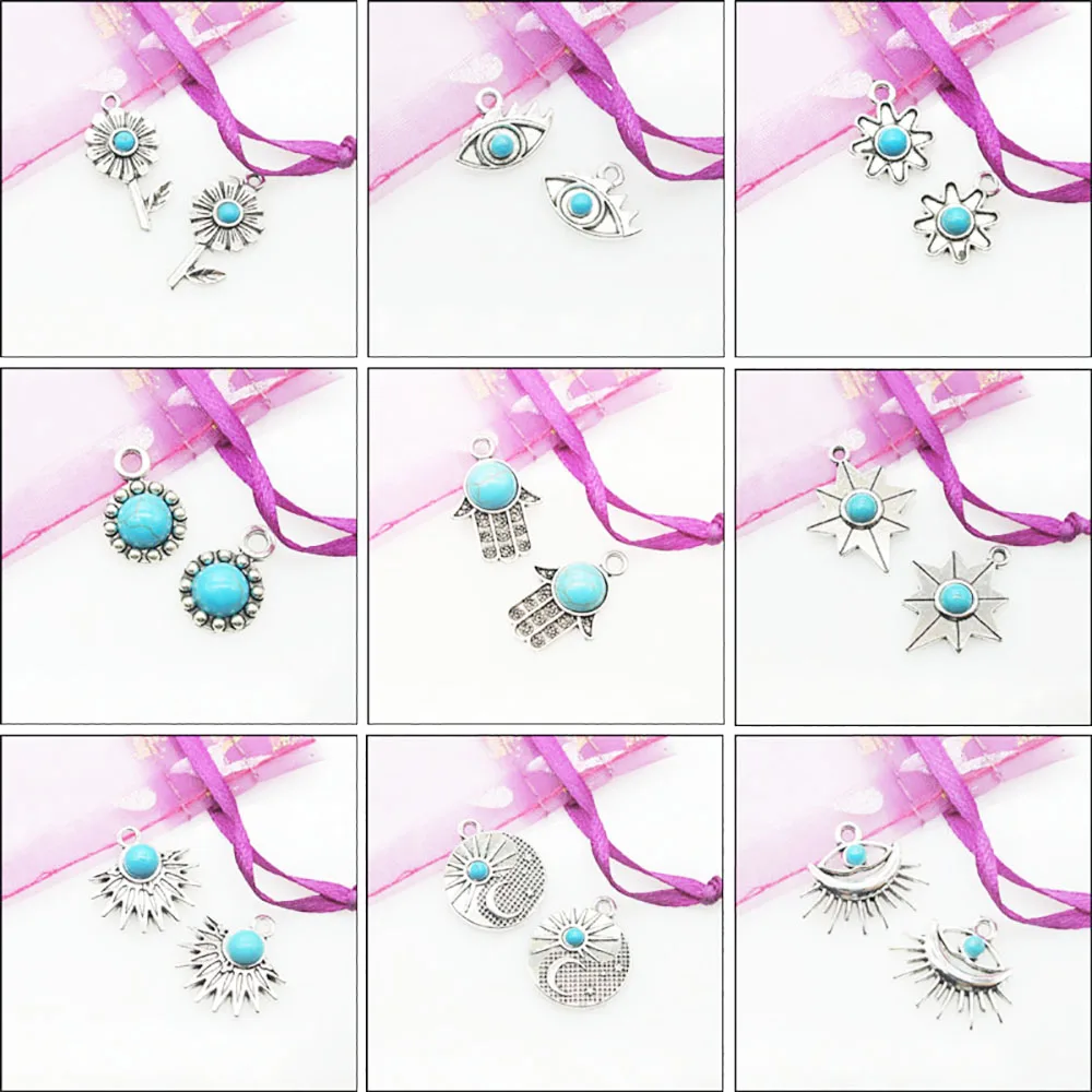 New Retro Plam Leaf Sun Eye Moon Star Flower Charms Antiqued Silver Plated Turquoise Pendants For Gifts Jewelry