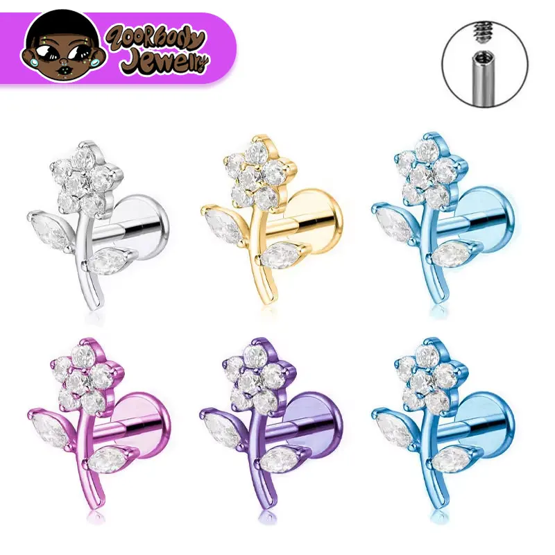 

ASTM F136 Titanium Piercing Flower CZ Ear Stud Helix Tragus Daith Cartilage Piercing Earring Internal Thread Labret Body Jewelry