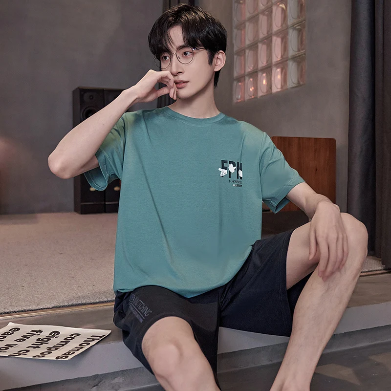 Summer Men's Home Clothes Big Yards Male Pajamas Set Modal Letter Print O-Neck Homewear Short Sleeve Pajamas Set Lounge Wear