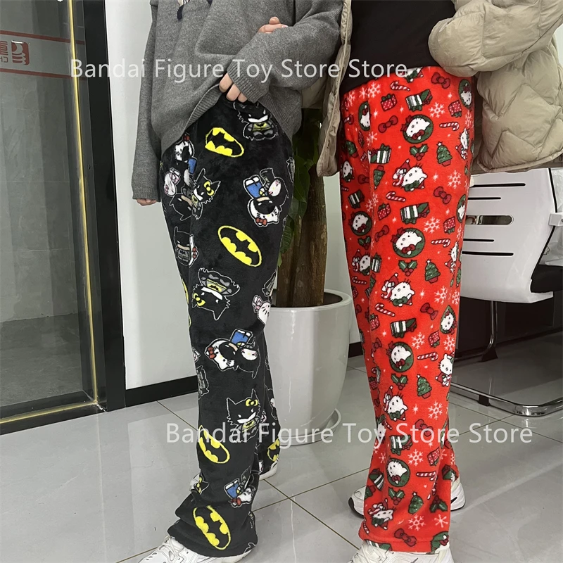 Sanrio calças de outono hellokitty periférico batman pijama bonito senhoras quente casual pelúcia natal flanela calças roupas y2k presente