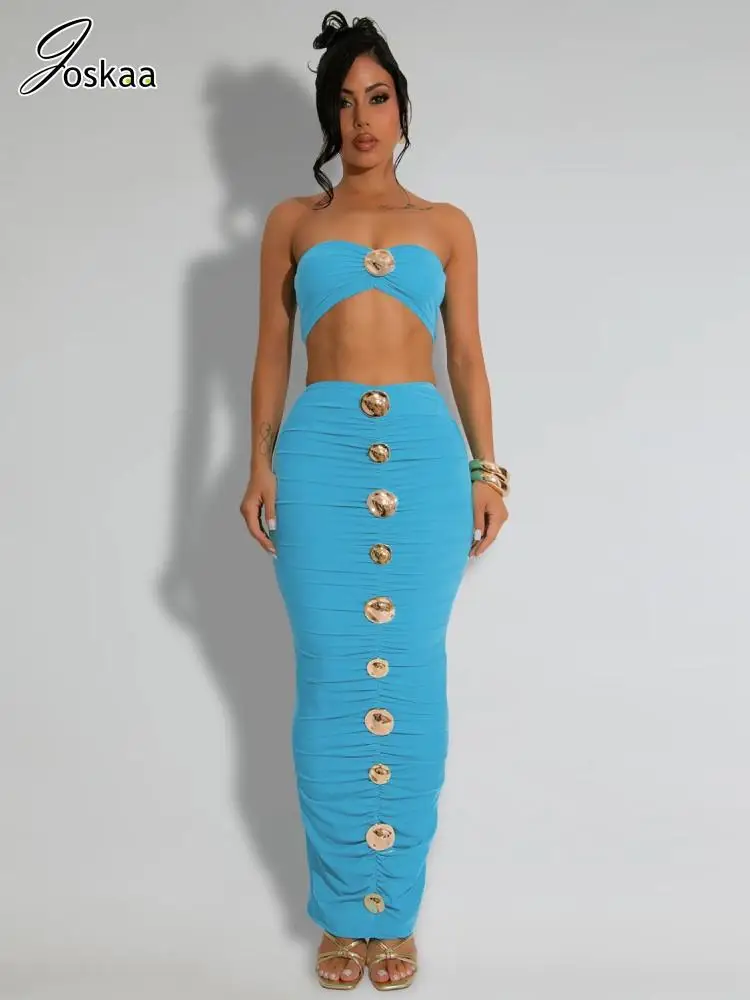 

Joskaa 2025 Women's Button Splicing 2 Piece Set Sexy Tube Top and Stacked Ruched Maxi Skirt Matching Vacation Party Club Outfits