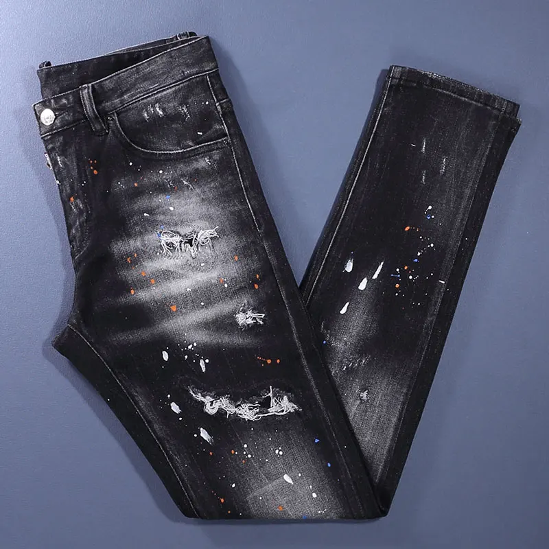 Men Black Streaky Whisker Wash White Paint Splatter Distressed Scratch Stretch Skinny Denim Jeans Hip‑Hop Streetwear Denim Jeans