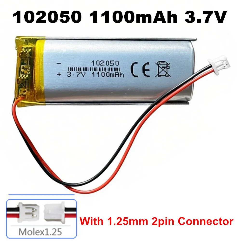 102050 3.7V 1100mAh With JST 1.25mm 2P Plug Lithium Polymer Rechargeable Battery for Beauty Instrument GPS LED Light With PCB