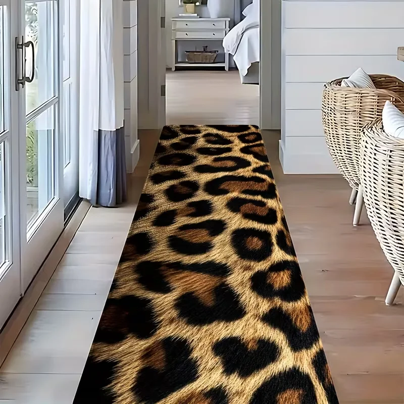 Leopard Print Runner Rug Gold Marble Border Long Hallway Carpet Soft Floor Mat for Corridor Living Room Bedroom Home Decor