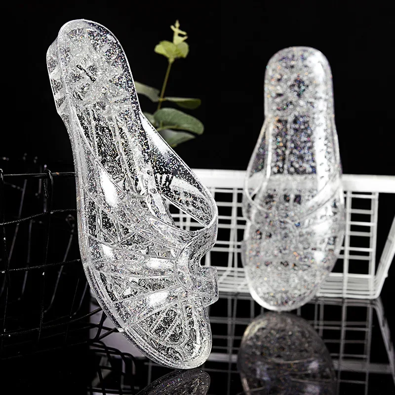 Crystal Slippers for Women Plastic Material Transparent Tape Frozen Low Heel