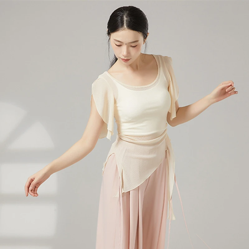 Top da ballo Costumi classici da donna Camicia a maniche corte divisa in rete di garza Orlo irregolare Camicette sari Sottile abbigliamento da ballo cinese