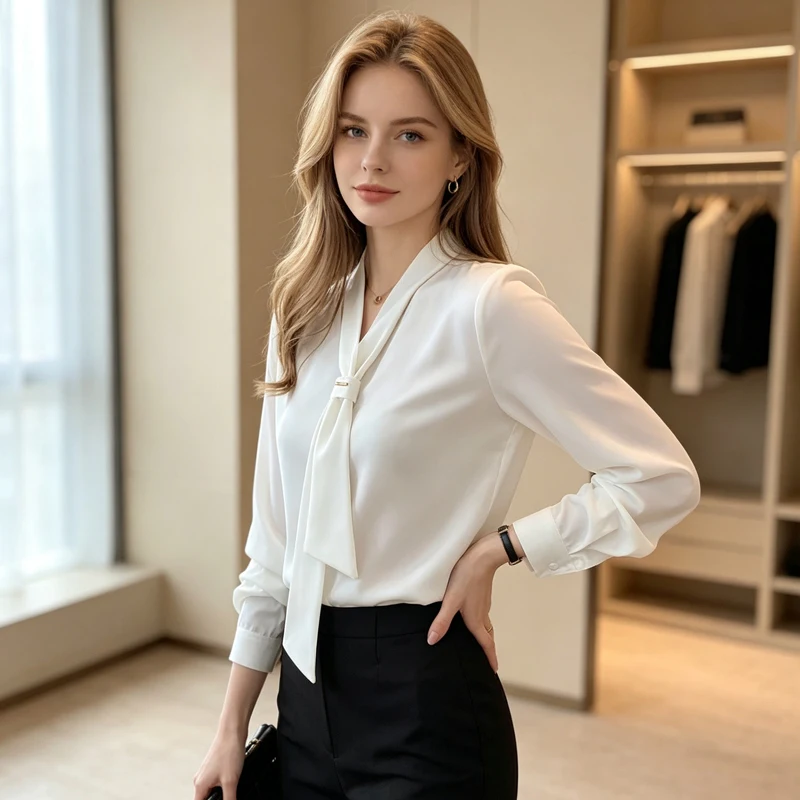 Solid White Chiffon Blouse V-Neck Tie Metal Buckle Long Sleeve Elegant Office Lady Shirt Spring Autumn Classic Work Top
