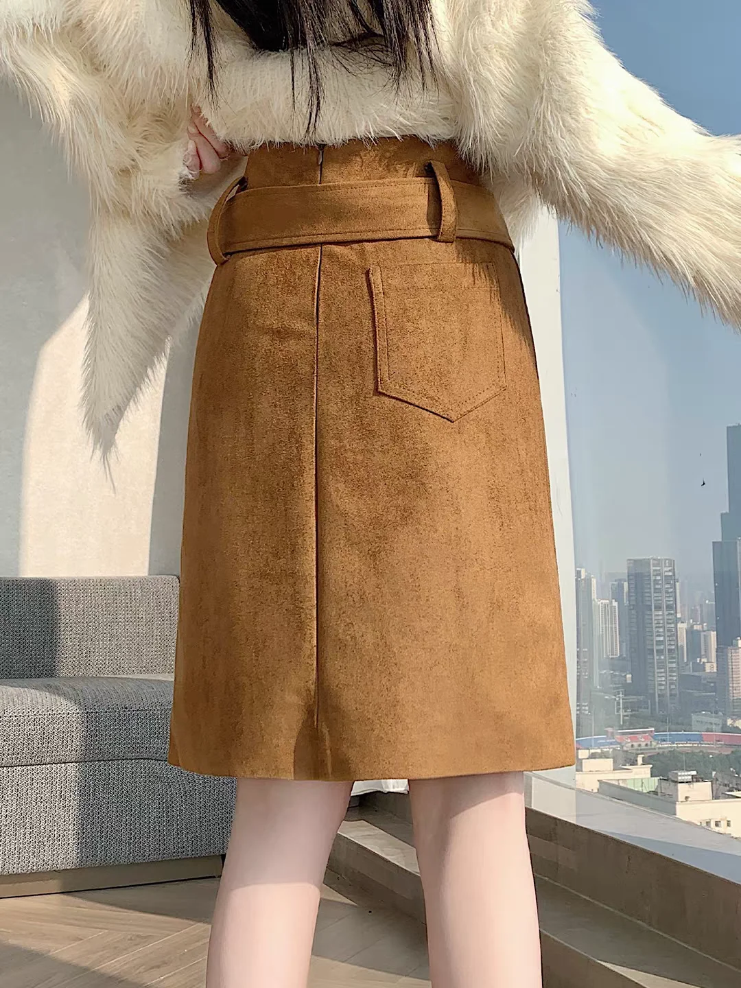 Women's Faux Suede Bodycon Midi Skirts Fall Winter 2026 New High Waist A-Line Petite Slimming Casual Versatile Skirt