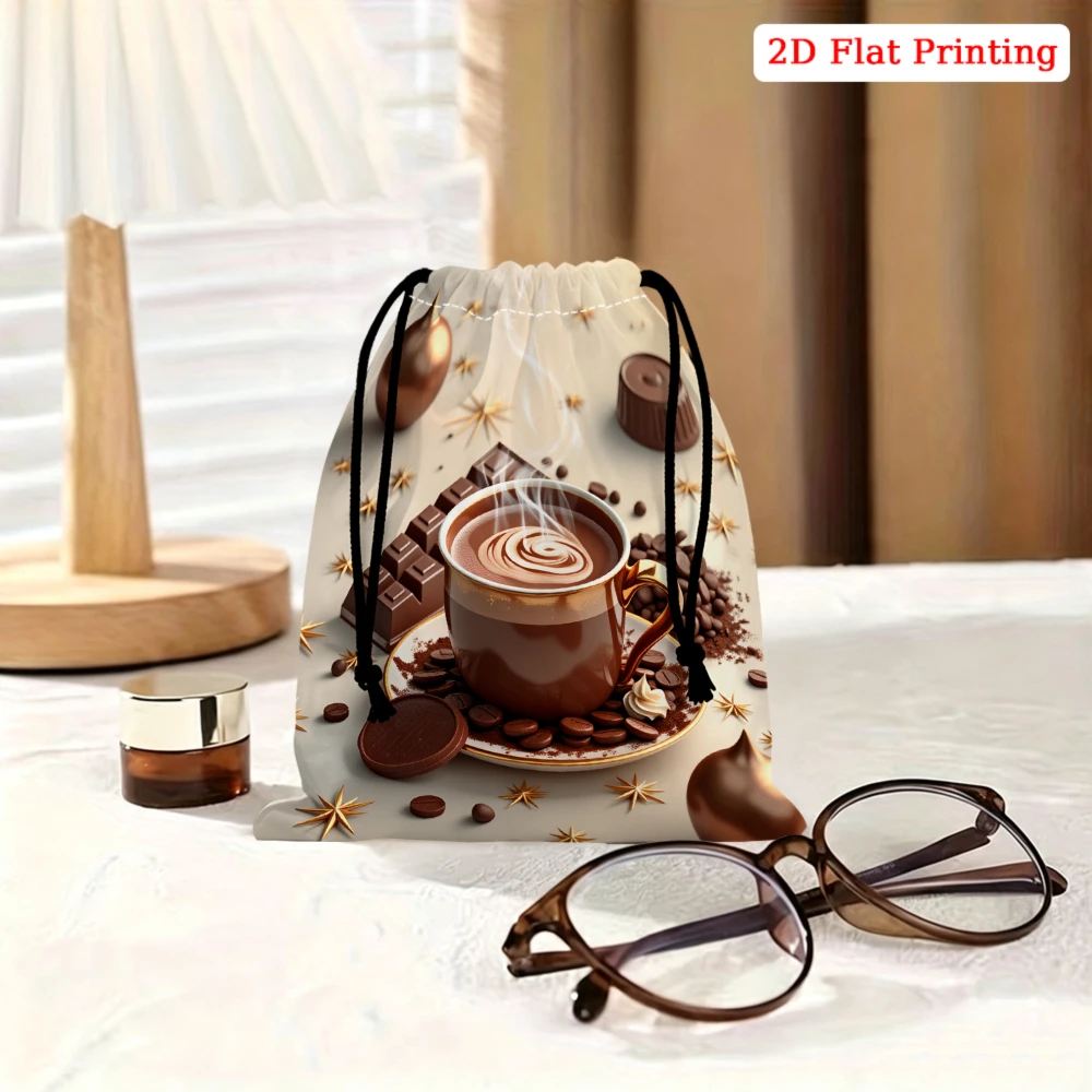 1Pc Coffee Theme Drawstring Bag Brown Chocolate Cup Print Storage Small Pouch For Glasses Cosmetics Travel Organizer Portable