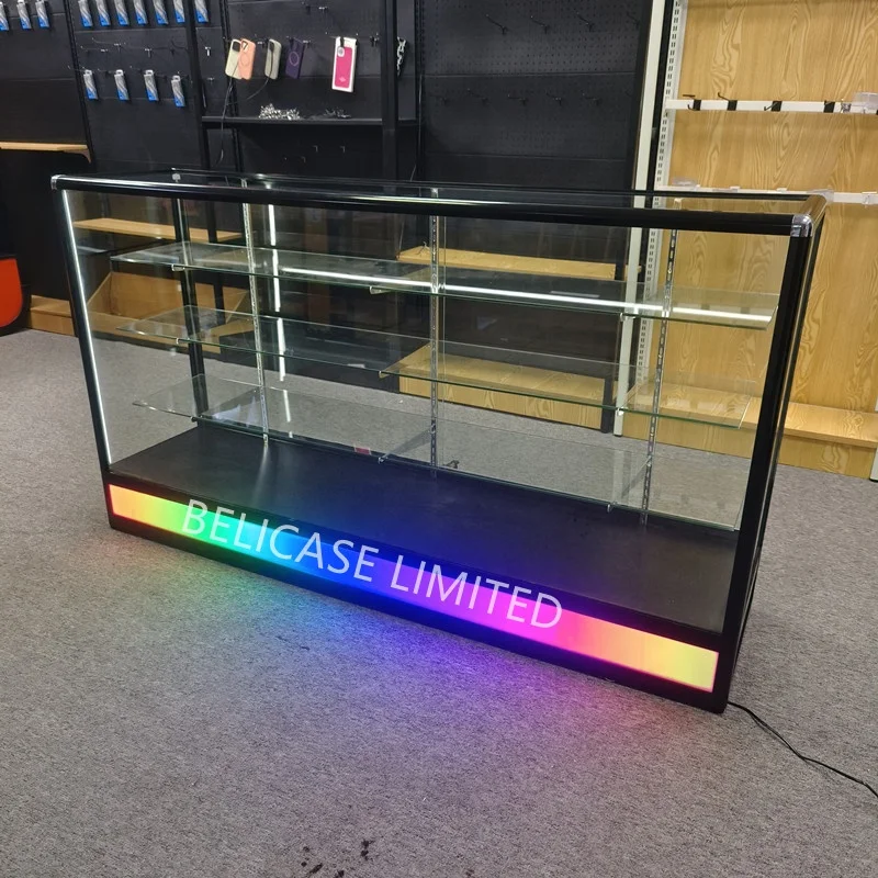 

Custom.70 inch wide smoke shop showcase locking glass display counter shop display with flashing light