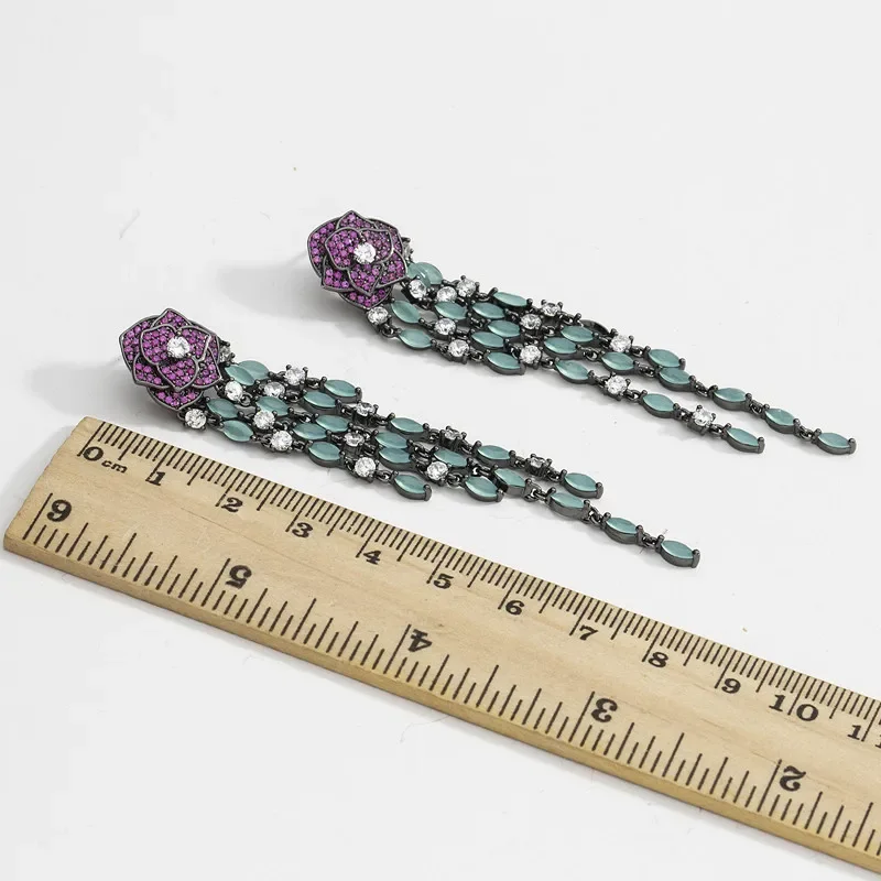 FXLRY Luxury long black gun plated vintage purple rose flower with green tassel earring for women Jewelry