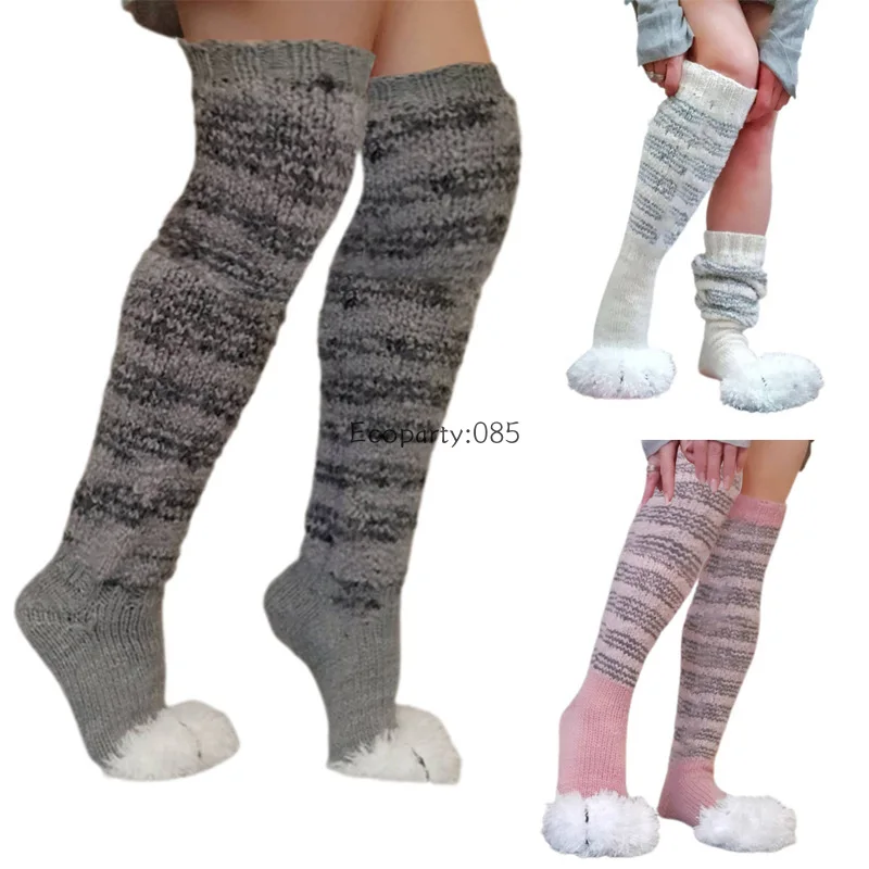 Autumn Winter Knee High Socks Striped Patchwork Cat Paw Sock Fleece Warm Boot Socks Leg Warmer High Socks for Women and Men New