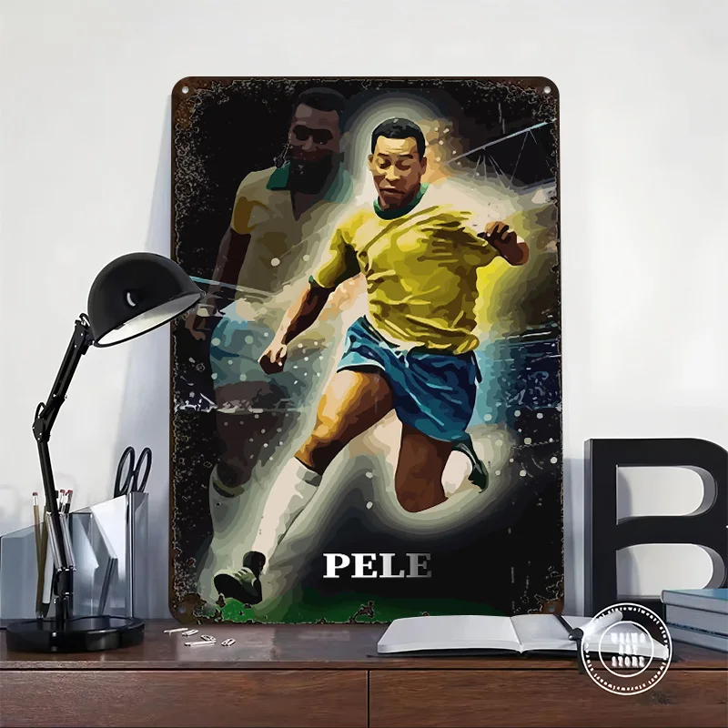 Pele Brazilian Soccer Tinplate Poster Customized Wall Art Retro Vintage Metal Signs for Fans House Decoration Bedroom Desk Decor