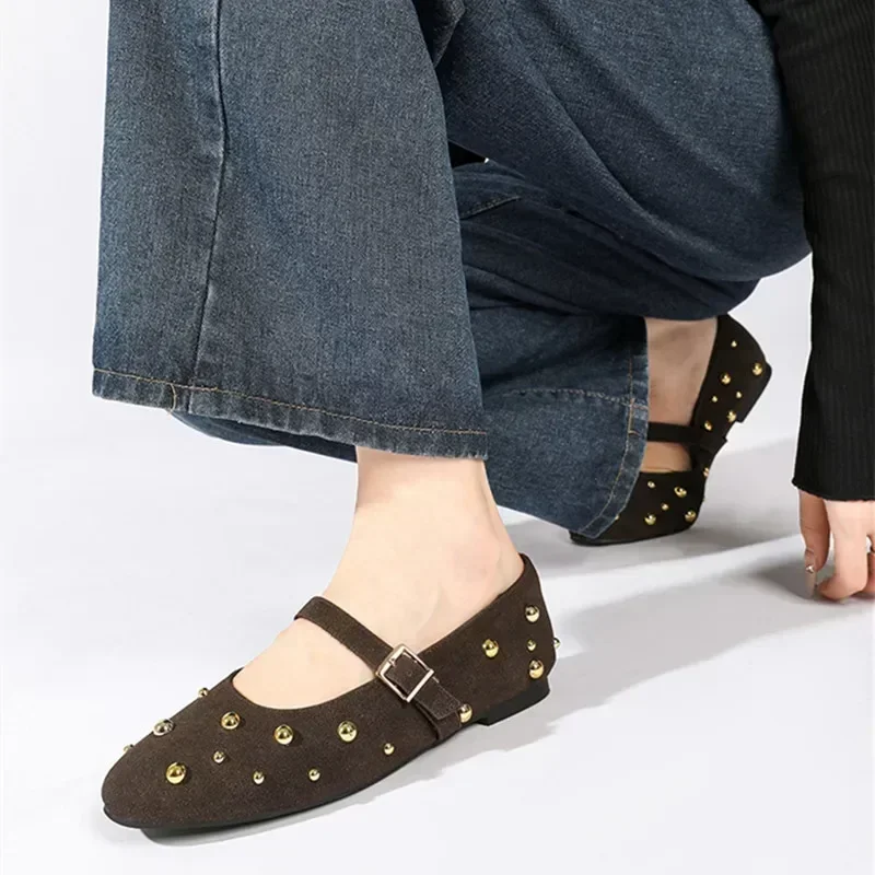 Cool Gold Rivets Design Ballet Flats Women Faux Suede Belt Metal Buckle Low Heel Women Shoes Non-slip Soft Sole Mary Jane Shoes image 5