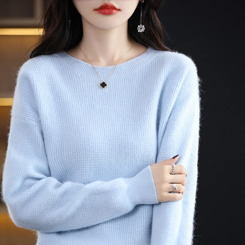 Lngot Needle Mink Cashmere Sweater Women\'s O-Neck Pullover Knit Loose Large Size Long Sleeve Autumn and Winter With Warm Base