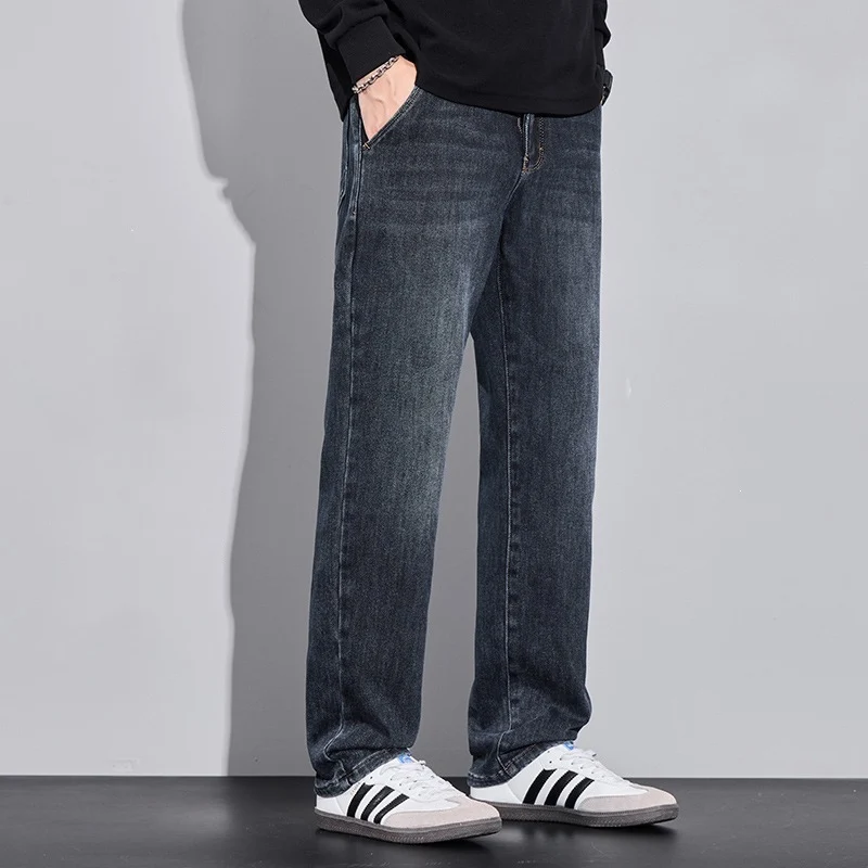 Men's Straight Leg Jeans Man Autumn Winter High Waist Loose Plus Size Washed Durable Casual Long Trousers Daily Fashion