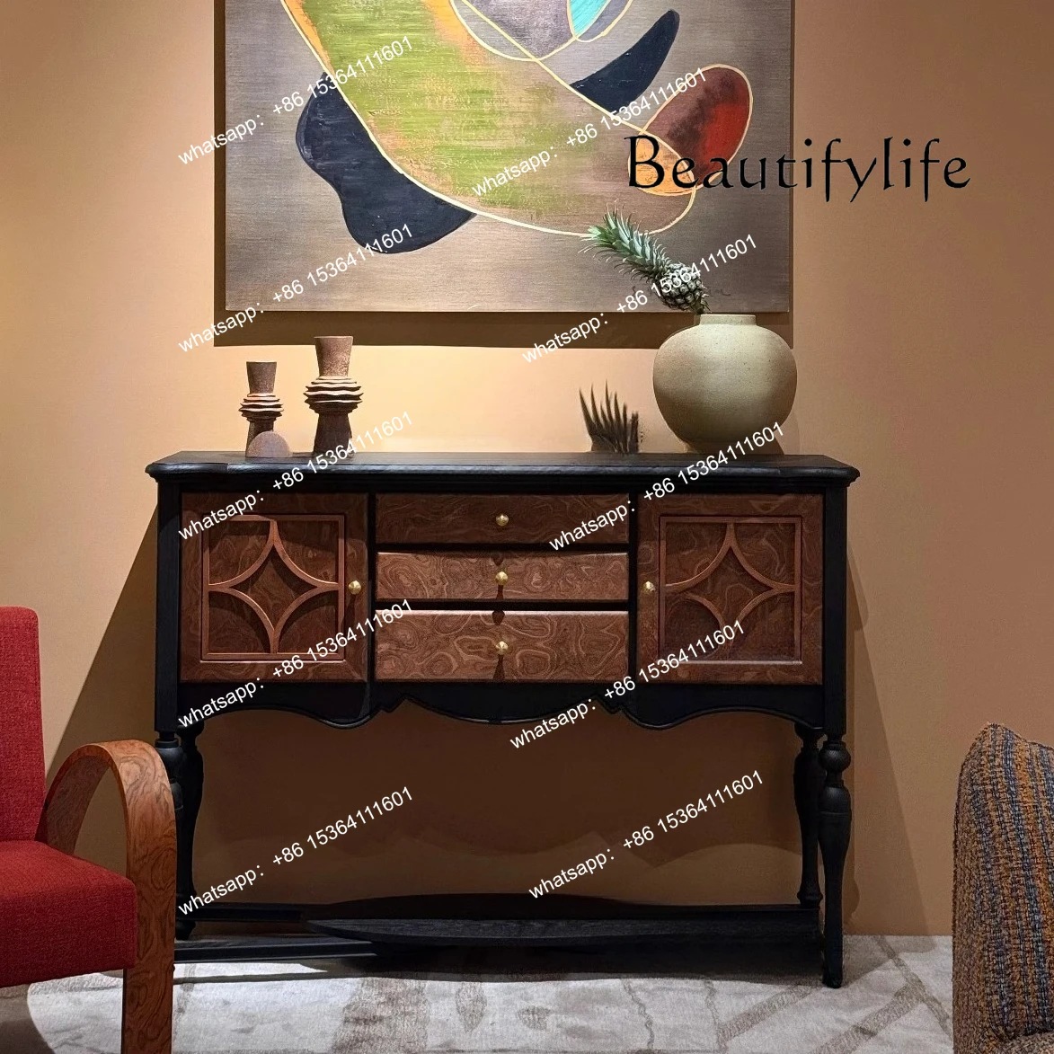 

French retro solid wood porch cabinet, living room entrance hall cabinet against the wall, designer decoration, antique dining