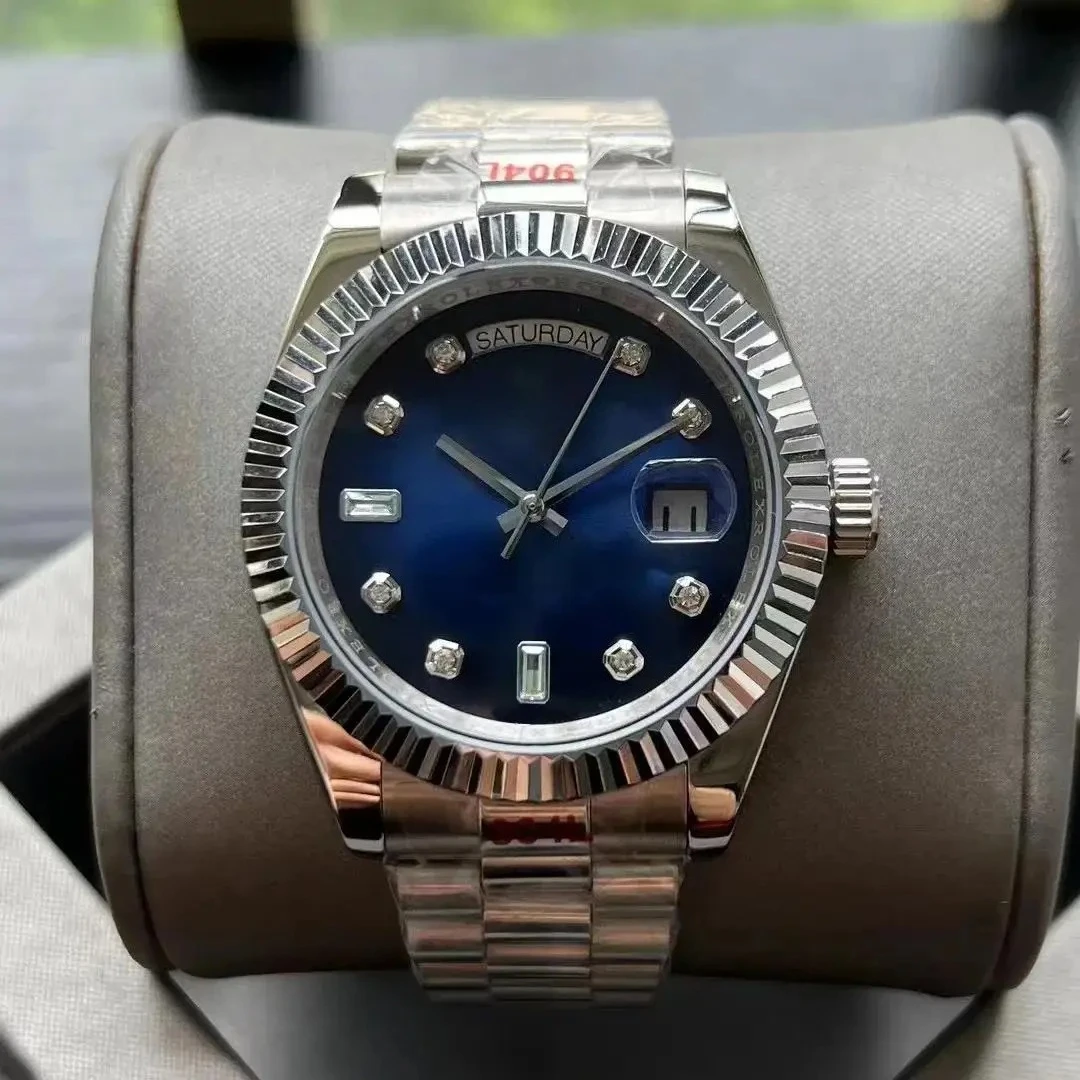 Luxe heren automatisch mechanisch horloge roestvrij staal zilver geel rosé goud groen daydate diamanten blauw wit 36 mm 41 mm