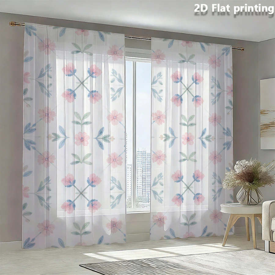 2PCS Digital Print Sheer Curtain, Blue Leaf Pink Flower, Vintage Floral Window Curtains for Living Room Bedroom Home Decor
