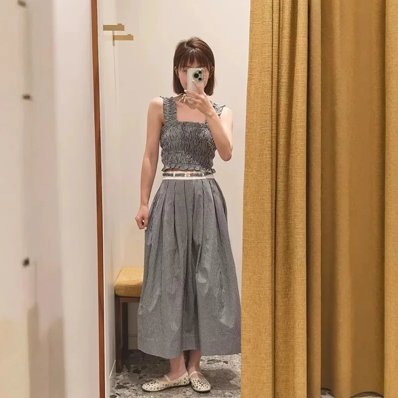 

Summer New Women Sleeveless Short Tank Tops or Skirt Wrinkled Grid Pattern Slim Tank Tops or High Waist Sashes Midi Skirt