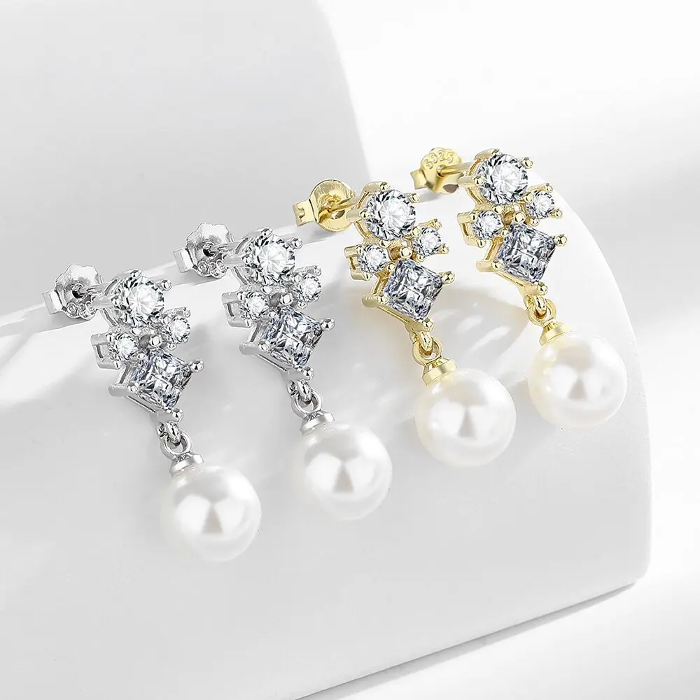 

925 Sterling Silver Earrings Geometric Zircons Pearl Earrings Ladies Fashion Simple Birthday Wedding Anniversary Jewelry Gift